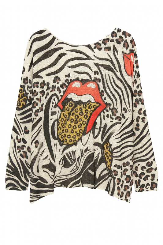 Black long sleeve graphic knit top featuring a bold red lips design with a leopard print tongue and animal print accents.