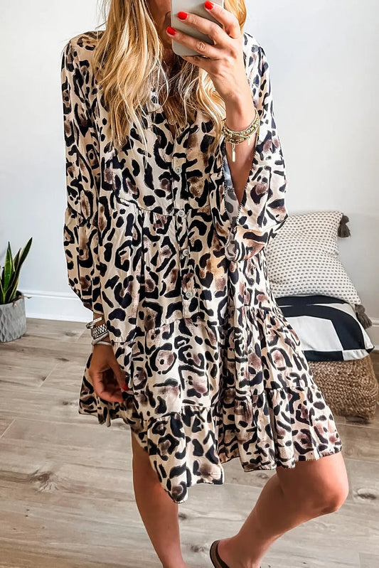 Black Leopard Print Buttoned Front 3/4 Sleeve Tiered Ruffled Hem Dress - BLACK / S / 100% POLYESTER - Dresses/Mini