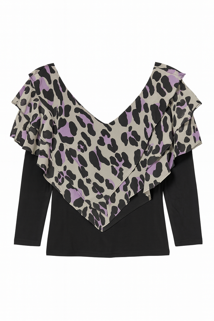 Black long sleeve top with a purple and black leopard print layered ruffle overlay at the V-neckline.