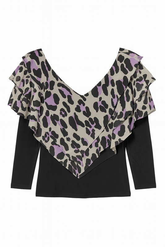 Black long sleeve top with a purple and black leopard print layered ruffle overlay at the V-neckline.
