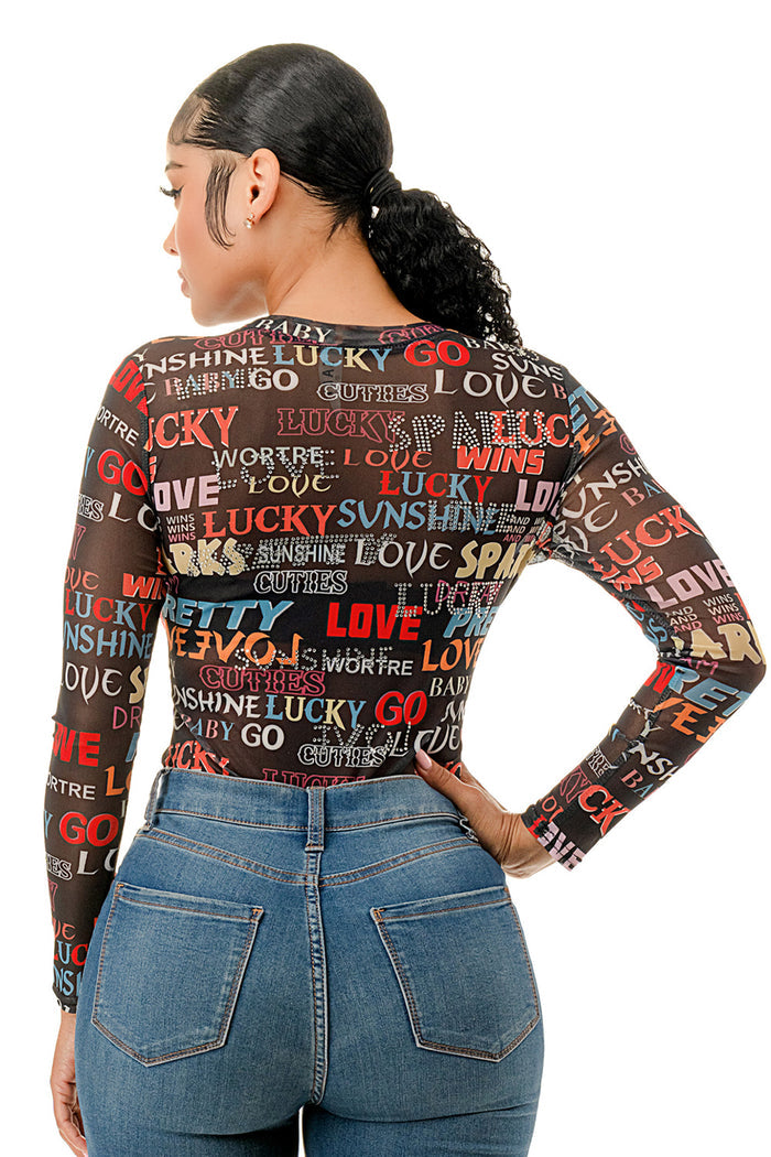 Black Multi Print Long Sleeve Bodysuit - Born To Glam