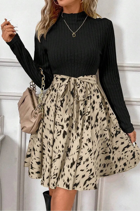 Shop Black Ribbed Knit Patchwork Printed Belted A-line Dress at eAura