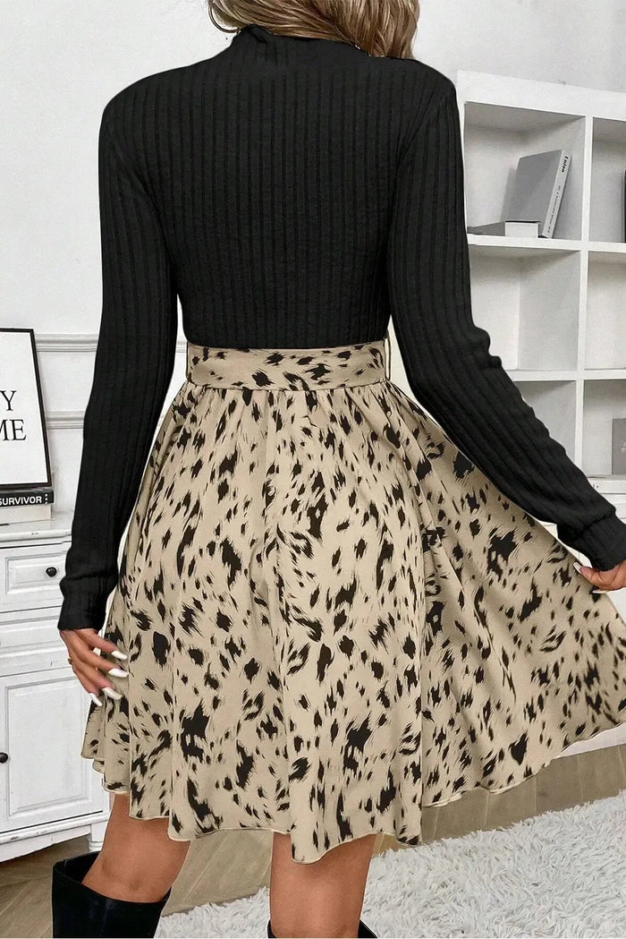 Shop Black Ribbed Knit Patchwork Printed Belted A-line Dress at eAura