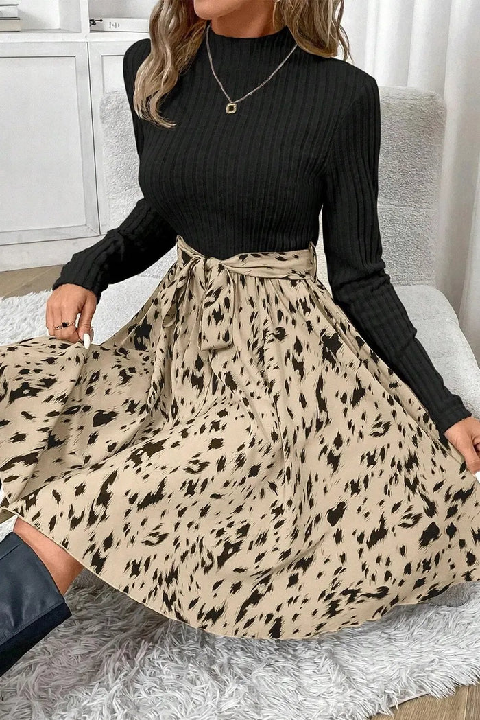 Shop Black Ribbed Knit Patchwork Printed Belted A-line Dress at eAura