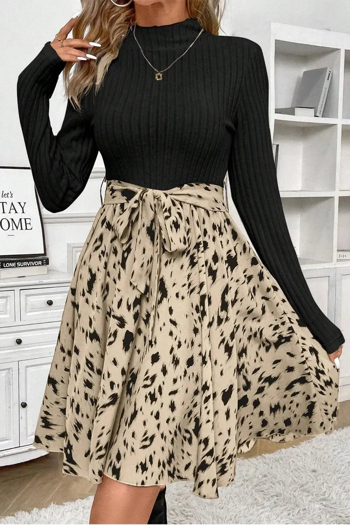 Shop Black Ribbed Knit Patchwork Printed Belted A-line Dress at eAura
