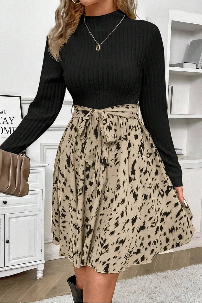 Shop Black Ribbed Knit Patchwork Printed Belted A-line Dress at eAura