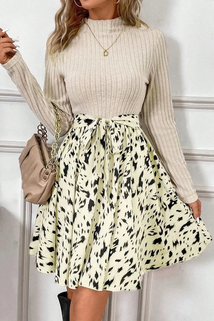 Shop Black Ribbed Knit Patchwork Printed Belted A-line Dress at eAura