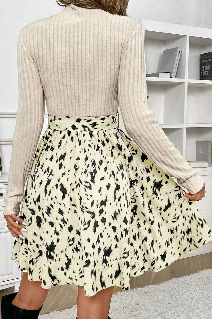 Shop Black Ribbed Knit Patchwork Printed Belted A-line Dress at eAura
