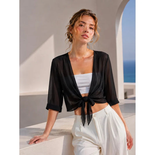 Black Sheer Tie Front Top - Born To Glam