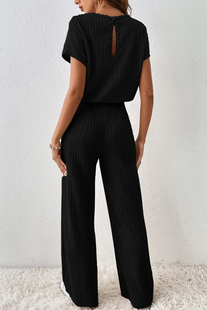 Black Solid Colour Ribbed Short Sleeve Wide Leg Jumpsuit - Bottoms/Jumpsuits & Rompers