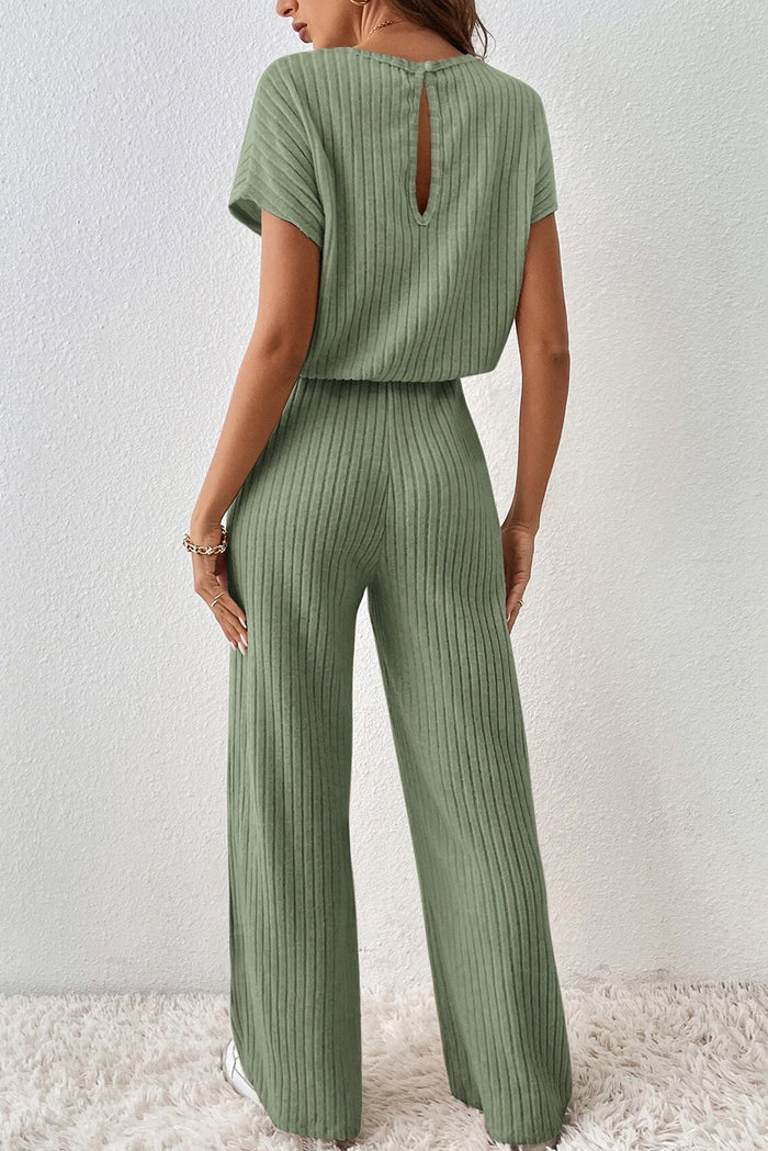 Black Solid Colour Ribbed Short Sleeve Wide Leg Jumpsuit - Bottoms/Jumpsuits & Rompers