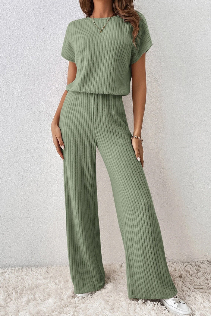 Black Solid Colour Ribbed Short Sleeve Wide Leg Jumpsuit - Bottoms/Jumpsuits & Rompers