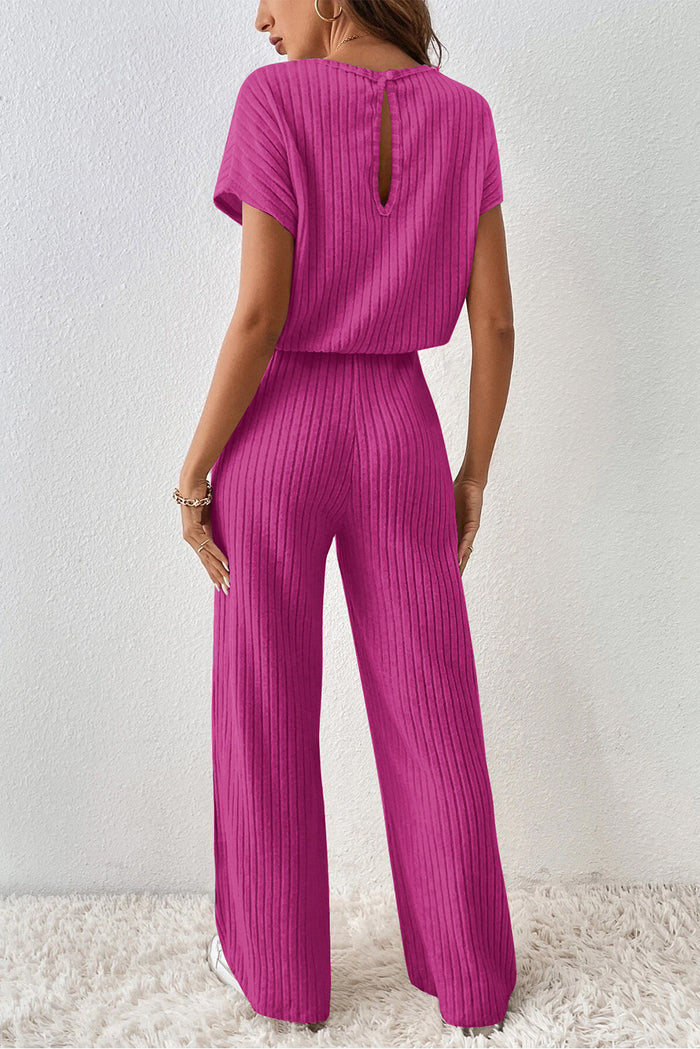 Black Solid Colour Ribbed Short Sleeve Wide Leg Jumpsuit - Bottoms/Jumpsuits & Rompers