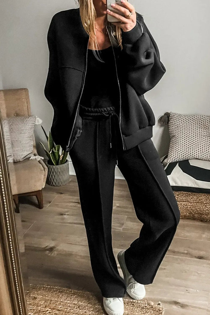 Black Solid Seamed Zipper Jacket and Drawstring Waist Pants Set - BLACK / S / 50% POLYESTER + 50% COTTON - Two Piece