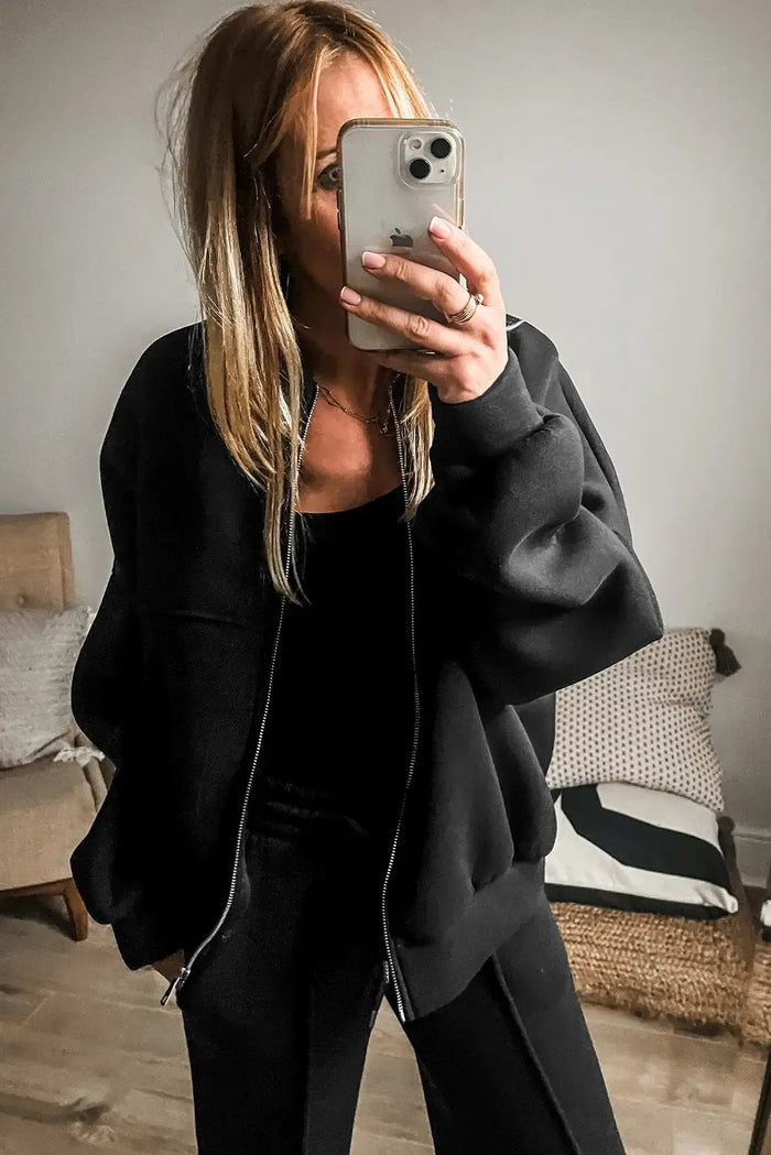 Black Solid Seamed Zipper Jacket and Drawstring Waist Pants Set - Two Piece Sets/Pant Sets