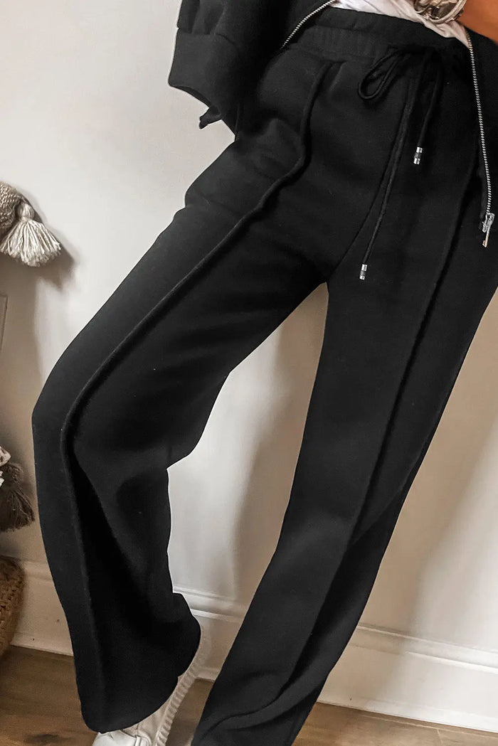 Black Solid Seamed Zipper Jacket and Drawstring Waist Pants Set - Two Piece Sets/Pant Sets