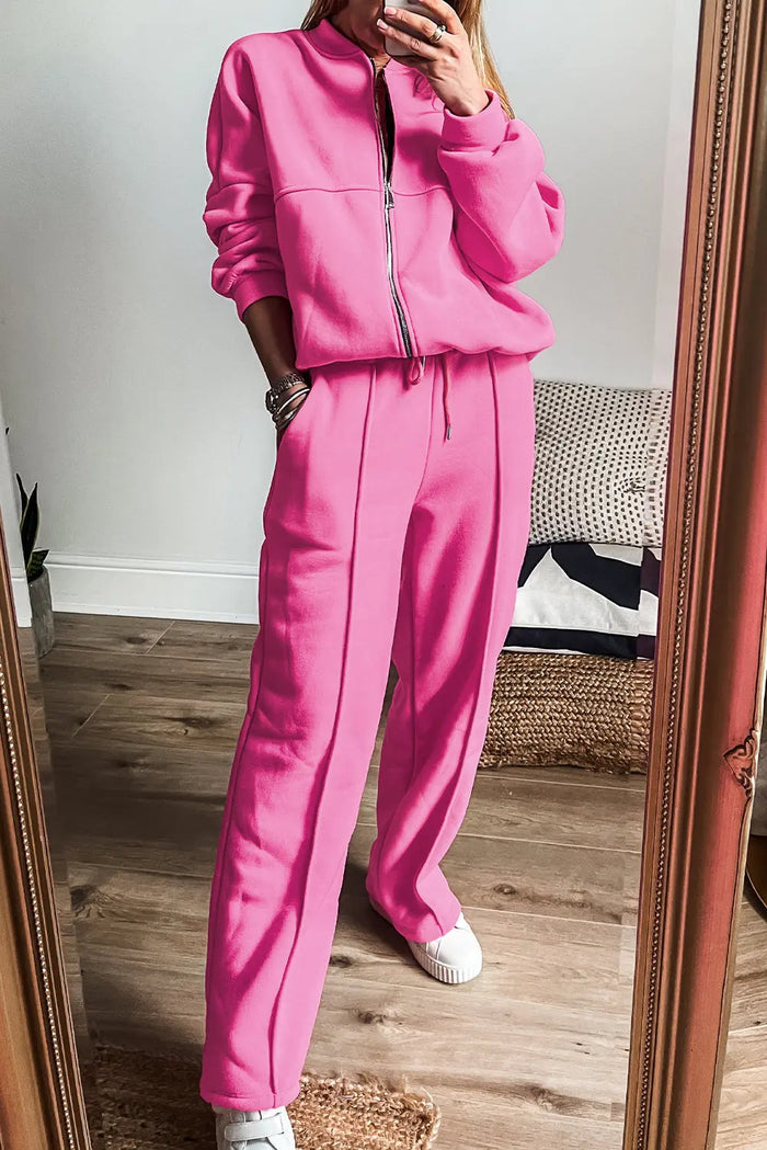 Black Solid Seamed Zipper Jacket and Drawstring Waist Pants Set - BRIGHT PINK / S / 50% POLYESTER + 50% COTTON - Two