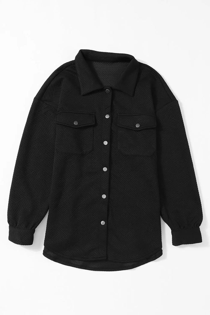 Black Solid Textured Flap Pocket Buttoned Shacket - Outerwear/Jackets