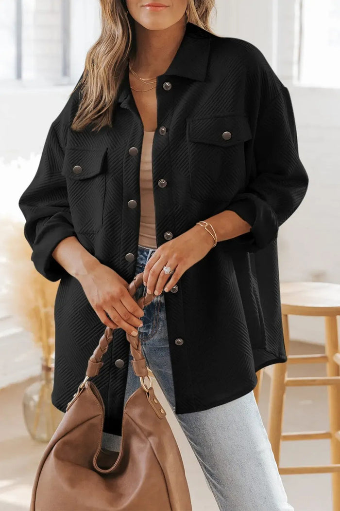 Black Solid Textured Flap Pocket Buttoned Shacket - BLACK / S / 95% POLYESTER + 5% ELASTANE - Outerwear/Jackets