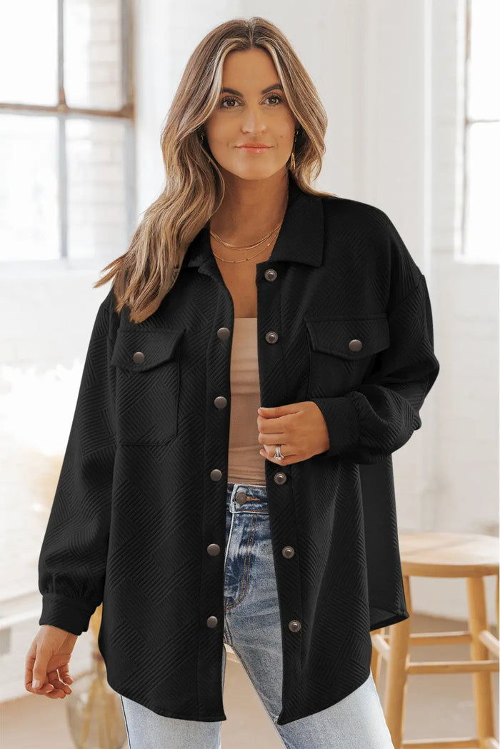 Black Solid Textured Flap Pocket Buttoned Shacket - Outerwear/Jackets