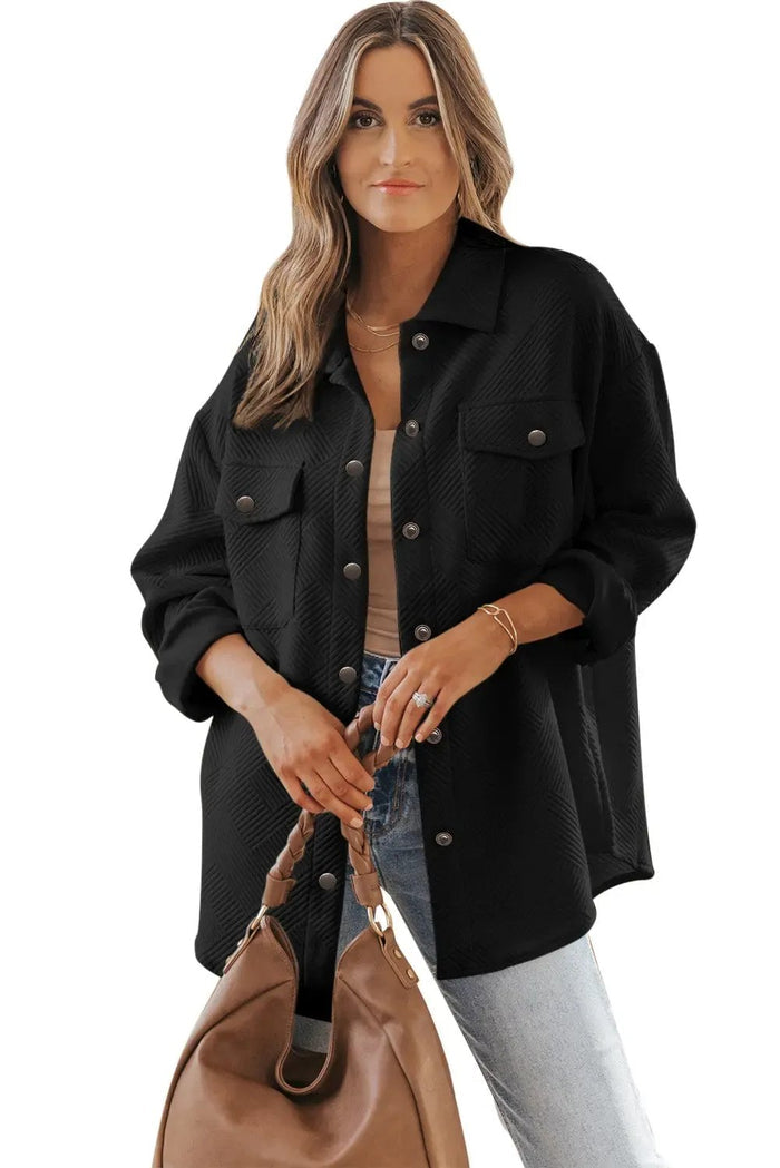 Black Solid Textured Flap Pocket Buttoned Shacket - Outerwear/Jackets