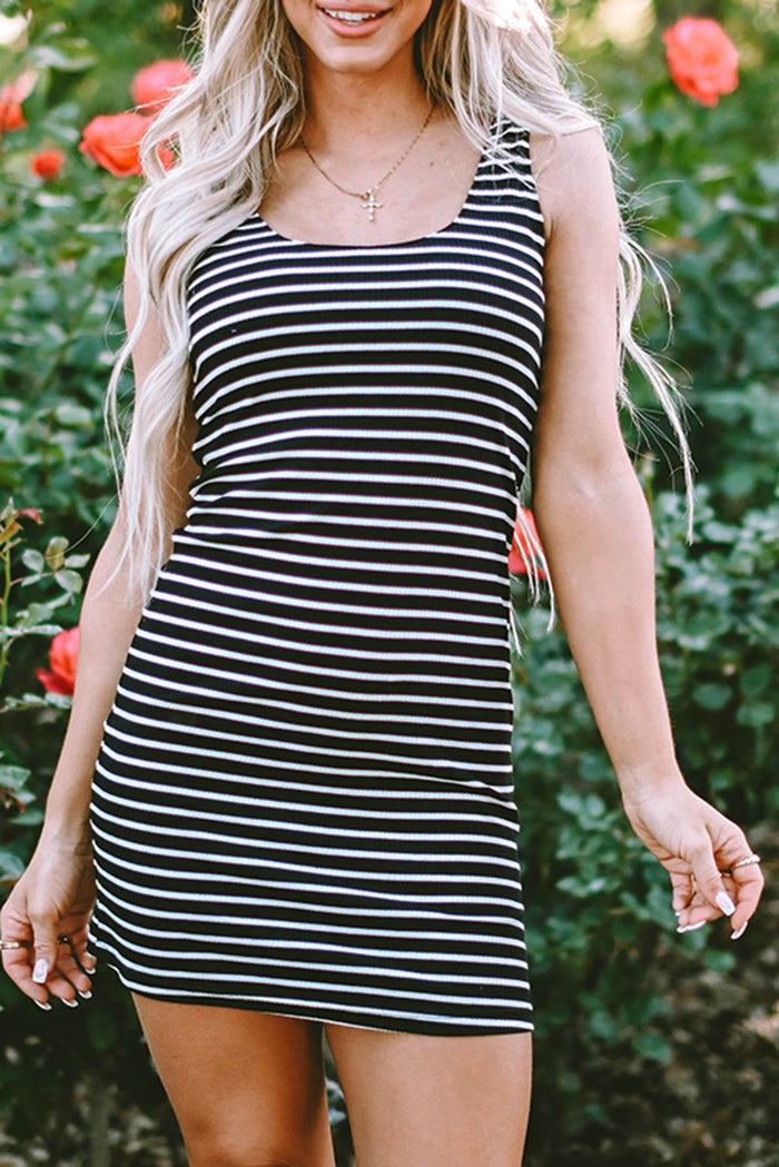 Black Stripe Ribbed Knit Sleeveless Mini Dress - BLACK STRIPE / S / 95% POLYESTER + 5% ELASTANE - Dresses/Mini Dresses
