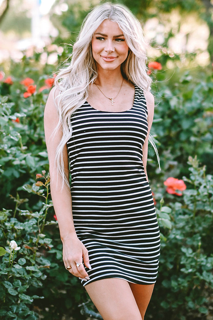 Black Stripe Ribbed Knit Sleeveless Mini Dress - Dresses/Mini Dresses