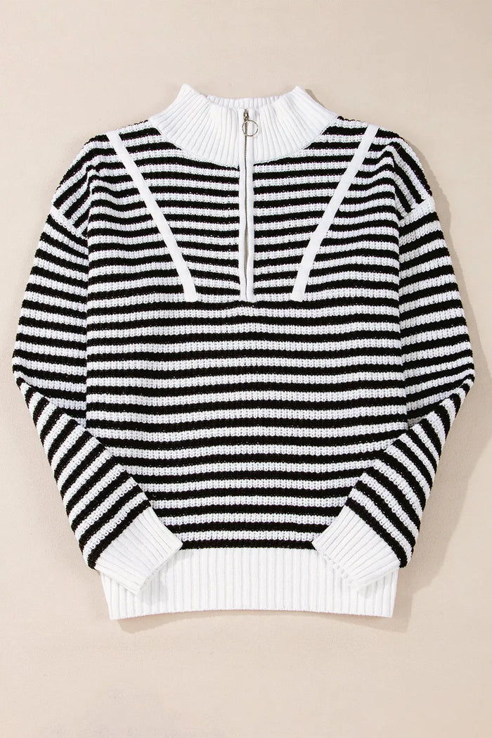 Black Stripe Zip up Collar Drop Shoulder Sweater - Sweaters & Cardigans/Sweaters
