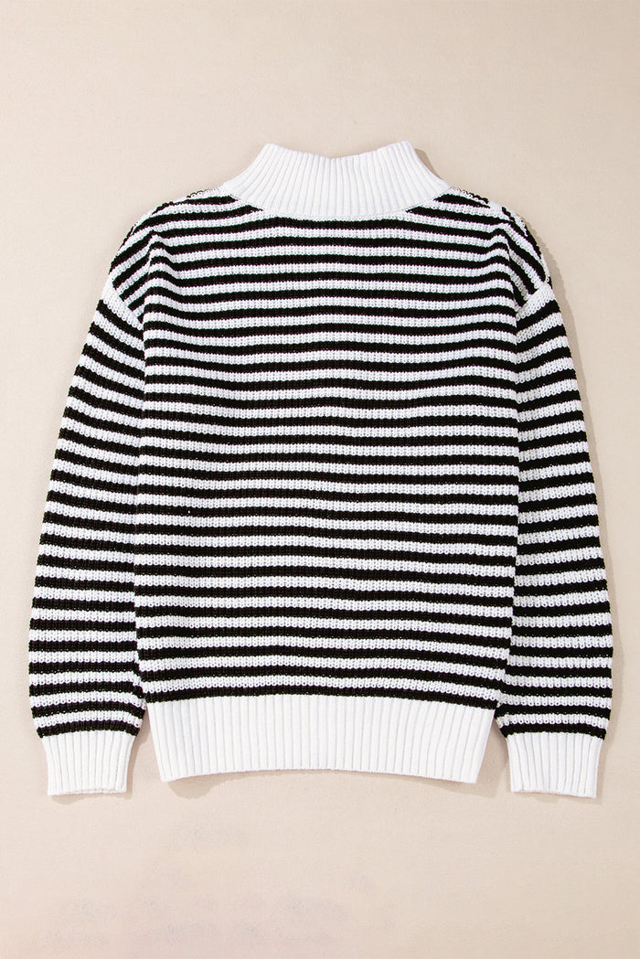 Black Stripe Zip up Collar Drop Shoulder Sweater - Sweaters & Cardigans/Sweaters