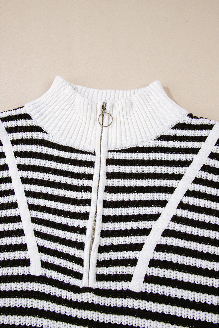 Black Stripe Zip up Collar Drop Shoulder Sweater - Sweaters & Cardigans/Sweaters