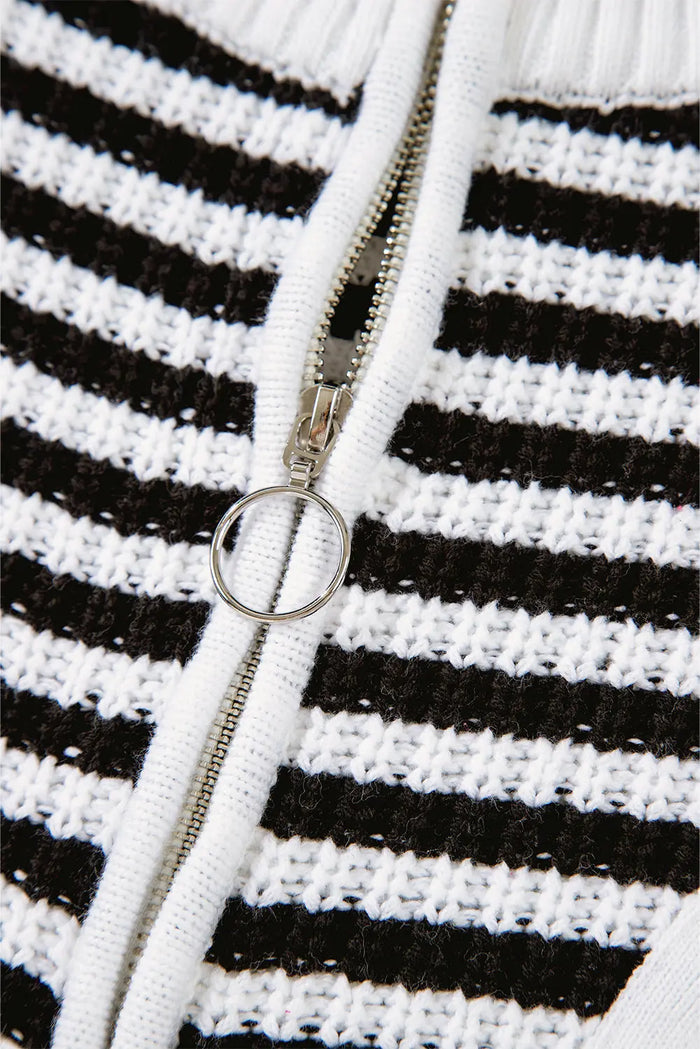 Black Stripe Zip up Collar Drop Shoulder Sweater - Sweaters & Cardigans/Sweaters