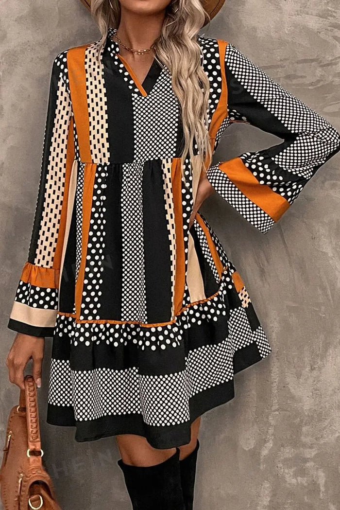 Black Striped Polka Dot Print Ruffled Hem V Neck Mini Dress - BLACK / S / 100% POLYESTER - Dresses/Mini Dresses