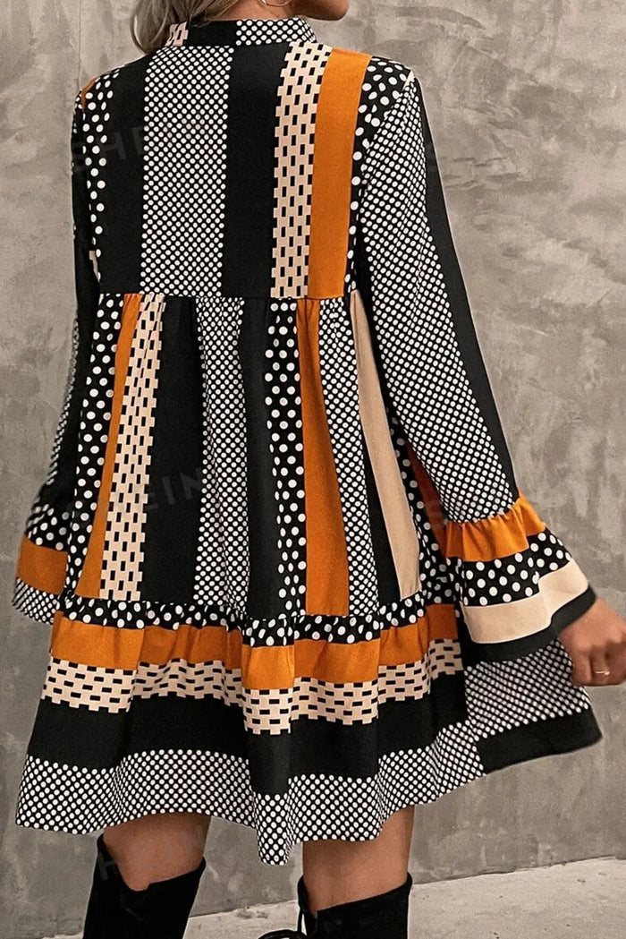 Black Striped Polka Dot Print Ruffled Hem V Neck Mini Dress - Dresses/Mini Dresses