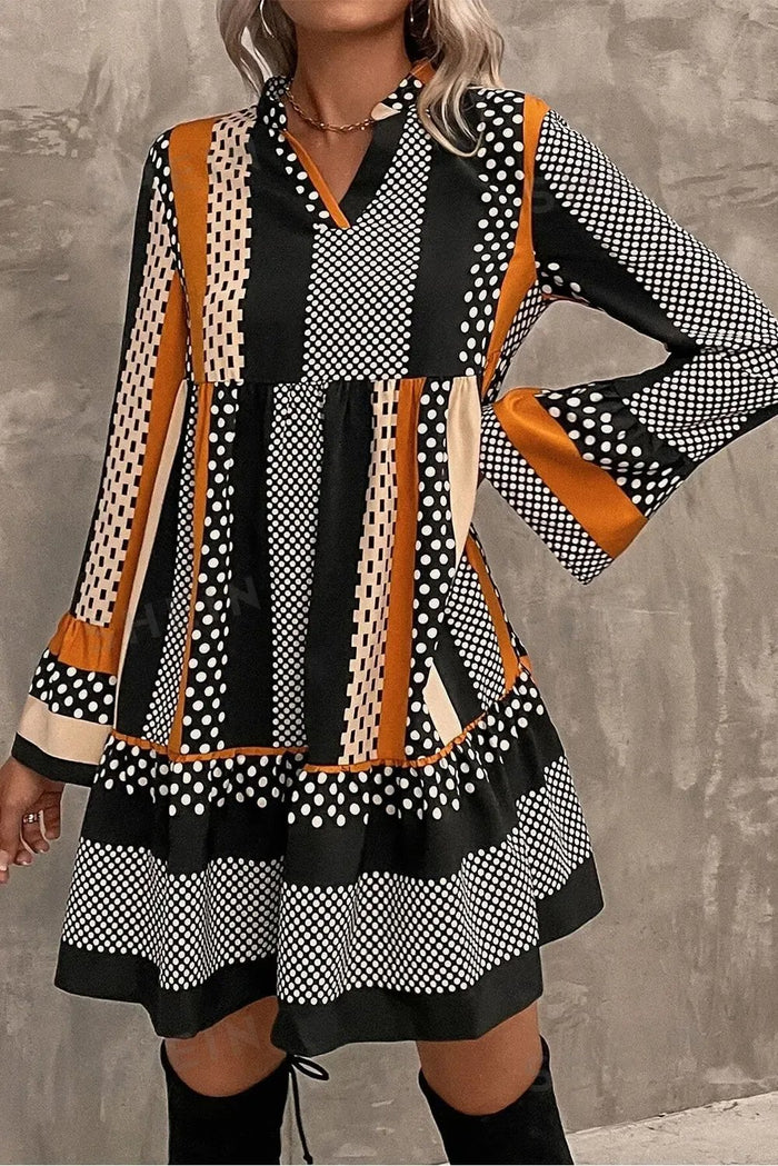 Black Striped Polka Dot Print Ruffled Hem V Neck Mini Dress - Dresses/Mini Dresses