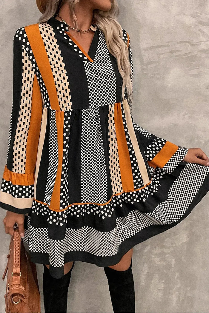 Black Striped Polka Dot Print Ruffled Hem V Neck Mini Dress - Dresses/Mini Dresses