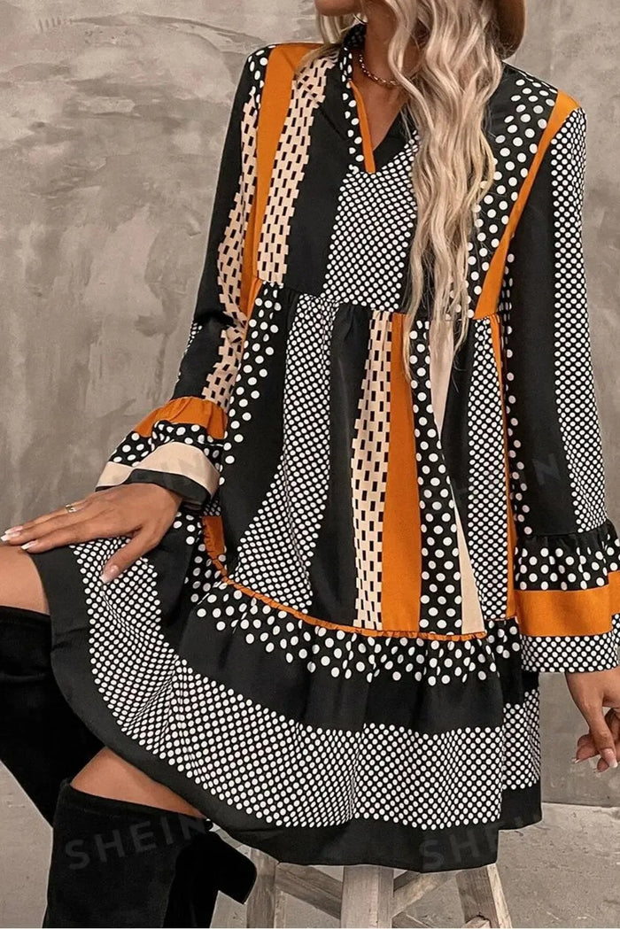 Black Striped Polka Dot Print Ruffled Hem V Neck Mini Dress - Dresses/Mini Dresses