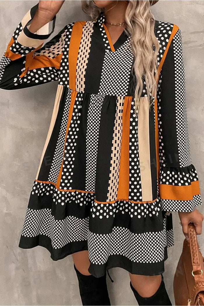 Black Striped Polka Dot Print Ruffled Hem V Neck Mini Dress - Dresses/Mini Dresses