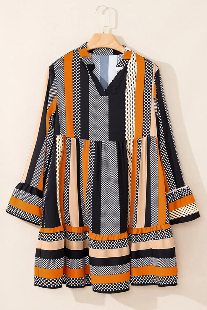 Black Striped Polka Dot Print Ruffled Hem V Neck Mini Dress - Dresses/Mini Dresses