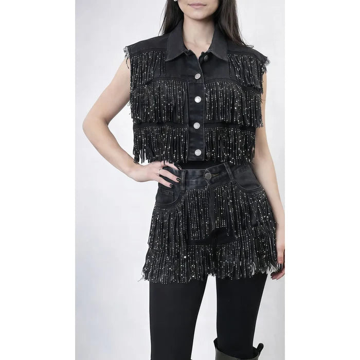 Black Studded Fringe Vest and Shorts Set - Born To Glam