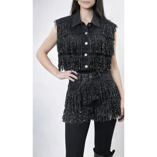 Black Studded Fringe Vest and Shorts Set - Born To Glam