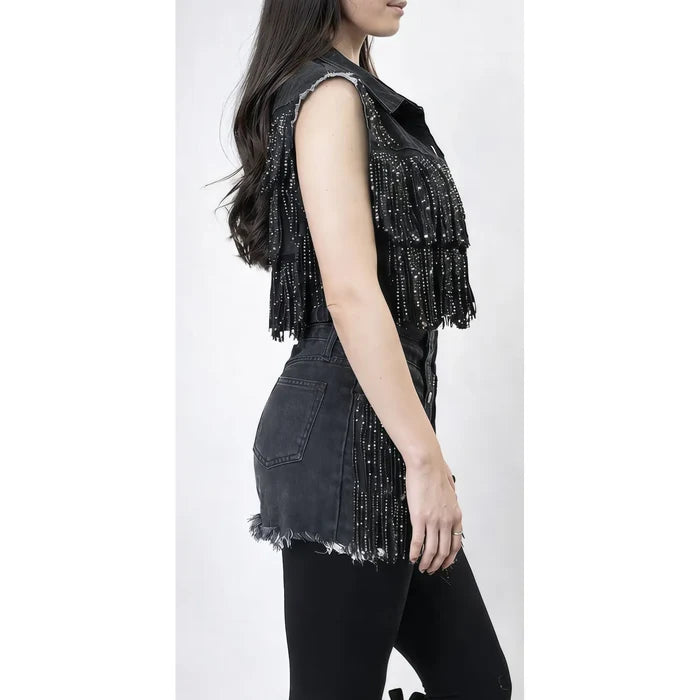 Black Studded Fringe Vest and Shorts Set - Born To Glam
