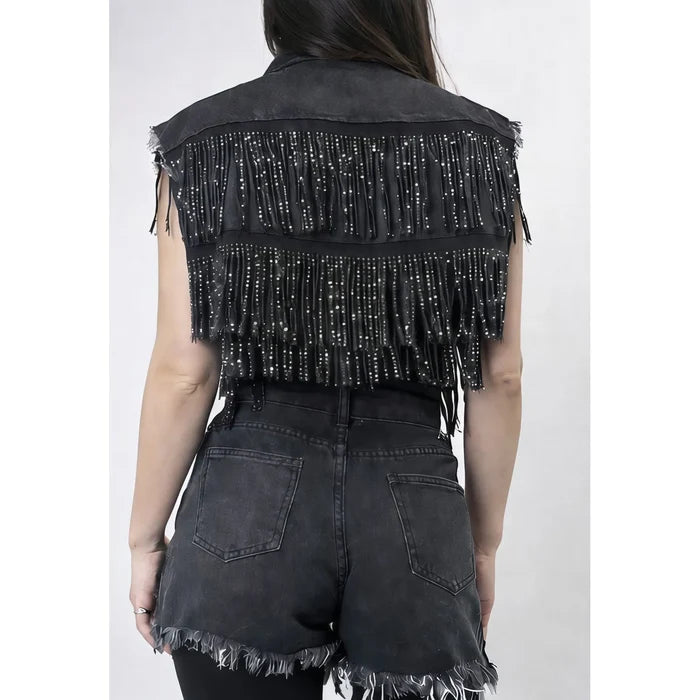 Black Studded Fringe Vest and Shorts Set - Born To Glam