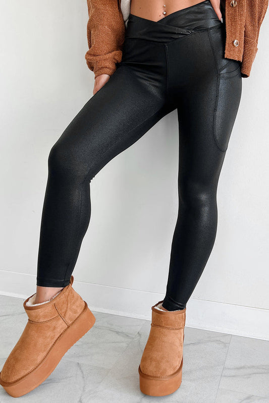 Black V Crossover High Waist Pocketed Leggings - BLACK / S / 85% POLYESTER + 15% ELASTANE - Bottoms/Leggings