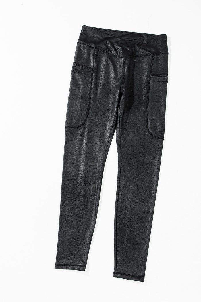 Black V Crossover High Waist Pocketed Leggings - Bottoms/Leggings