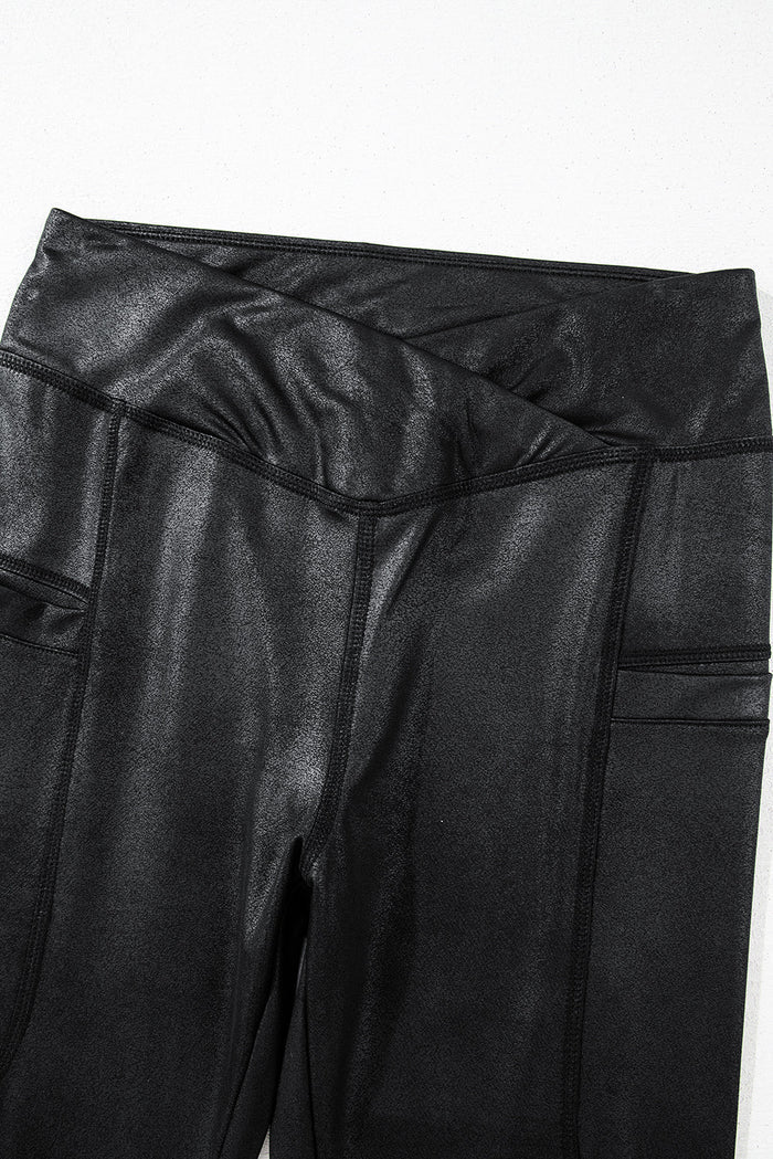 Black V Crossover High Waist Pocketed Leggings - Bottoms/Leggings