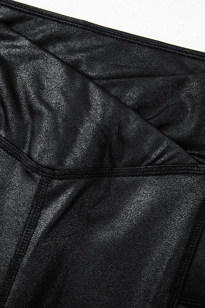 Black V Crossover High Waist Pocketed Leggings - Bottoms/Leggings