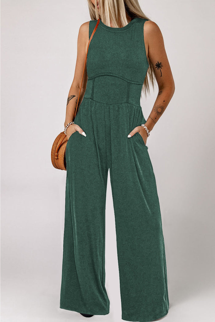Blackish Green Cinched Waist Sleeveless Wide Leg Jumpsuit - Bottoms/Jumpsuits & Rompers