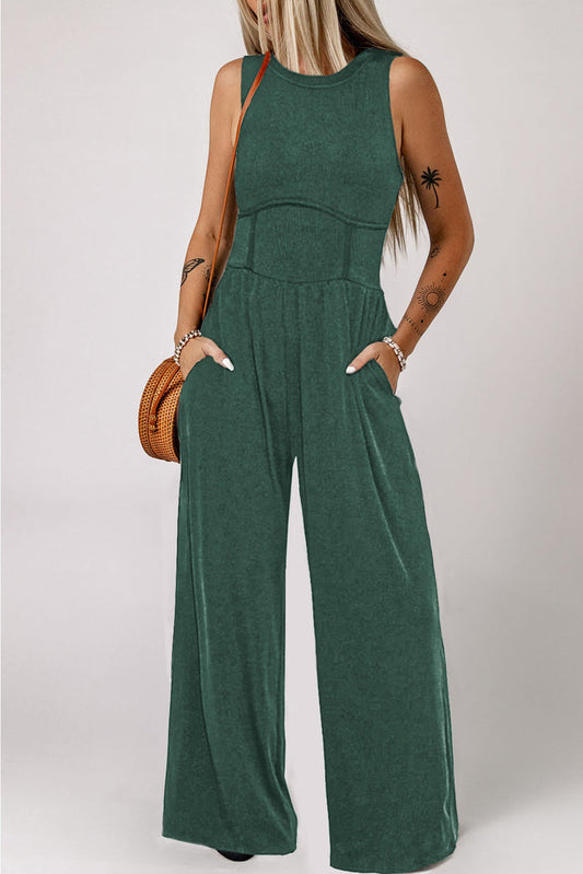 Blackish Green Cinched Waist Sleeveless Wide Leg Jumpsuit - Bottoms/Jumpsuits & Rompers