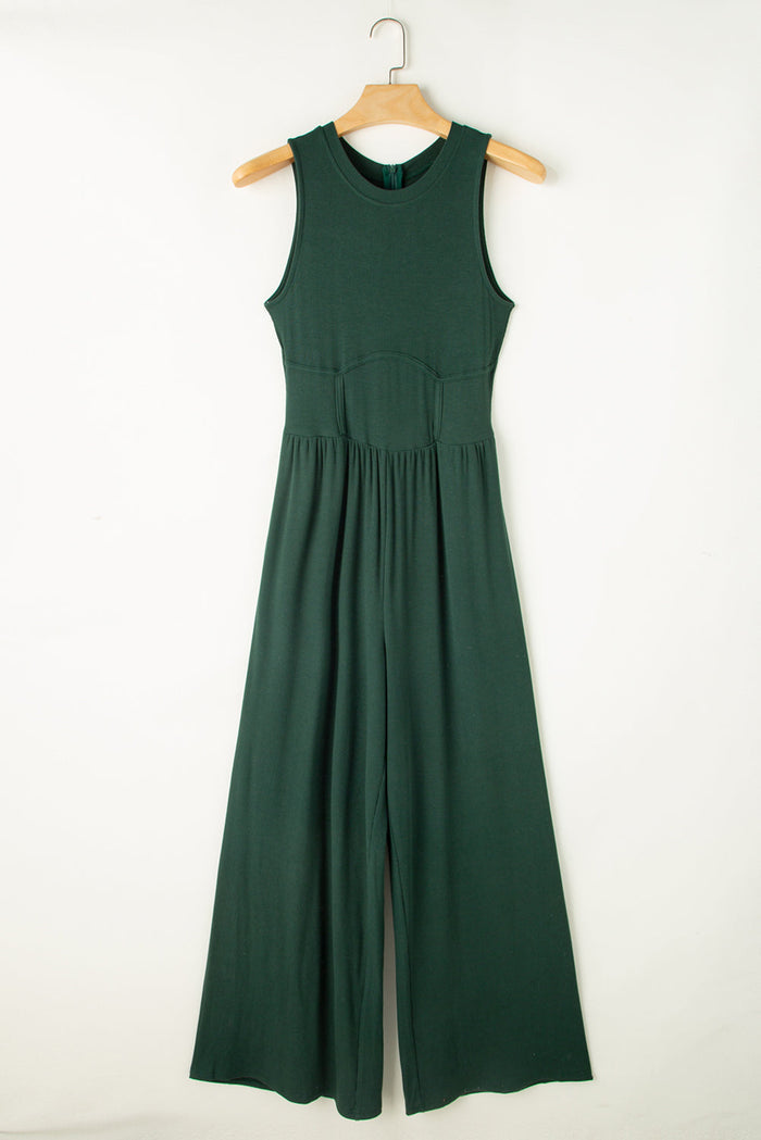 Blackish Green Cinched Waist Sleeveless Wide Leg Jumpsuit - Bottoms/Jumpsuits & Rompers