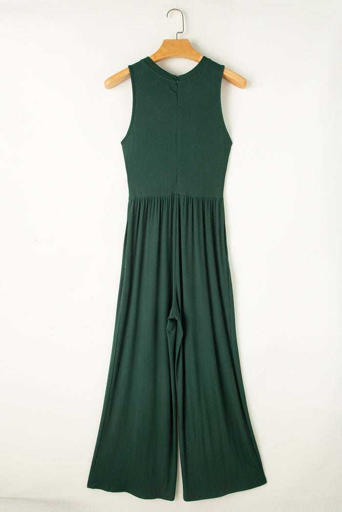 Blackish Green Cinched Waist Sleeveless Wide Leg Jumpsuit - Bottoms/Jumpsuits & Rompers